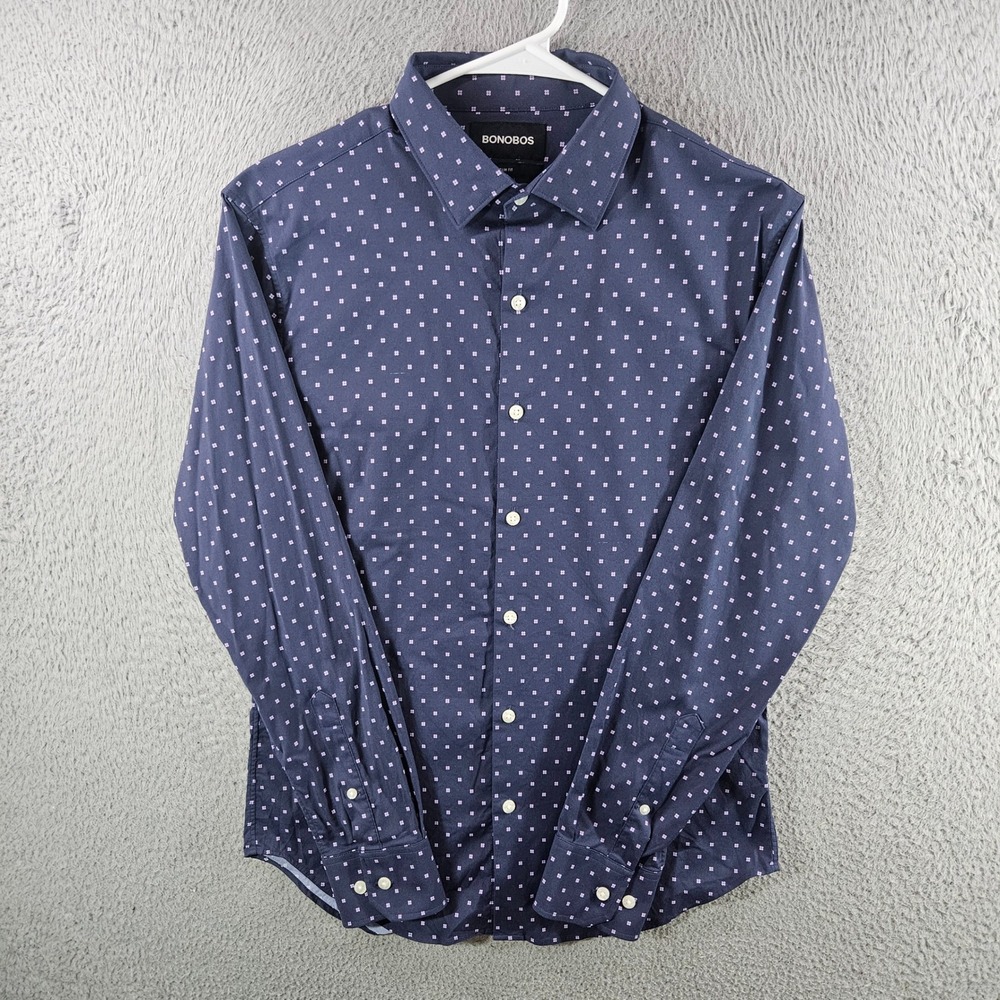 Bonobos Mens Slim Fit Shirt Small Navy Blue Purple Geometric Stretch Long Sleeve